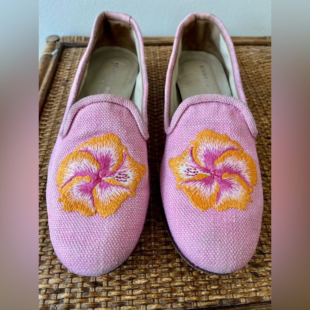 Stubbs & Wootton Pink Embroidered Floral Canvas Loafers - Picture 5 of 7